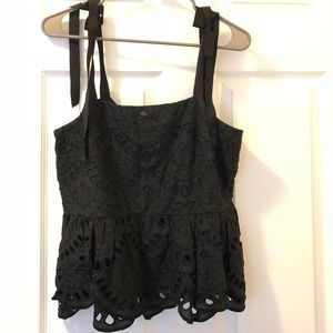 J Crew ribbon tie, black eyelet tank
